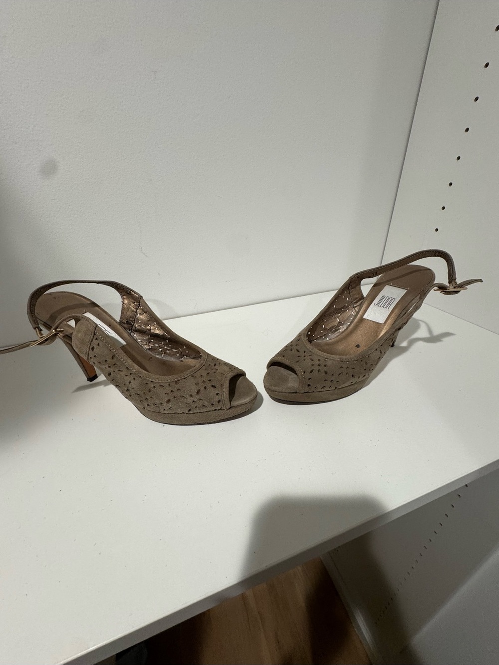 Peep-Toe Slingback Heels in Real Taupe Suede with genuine leather soles